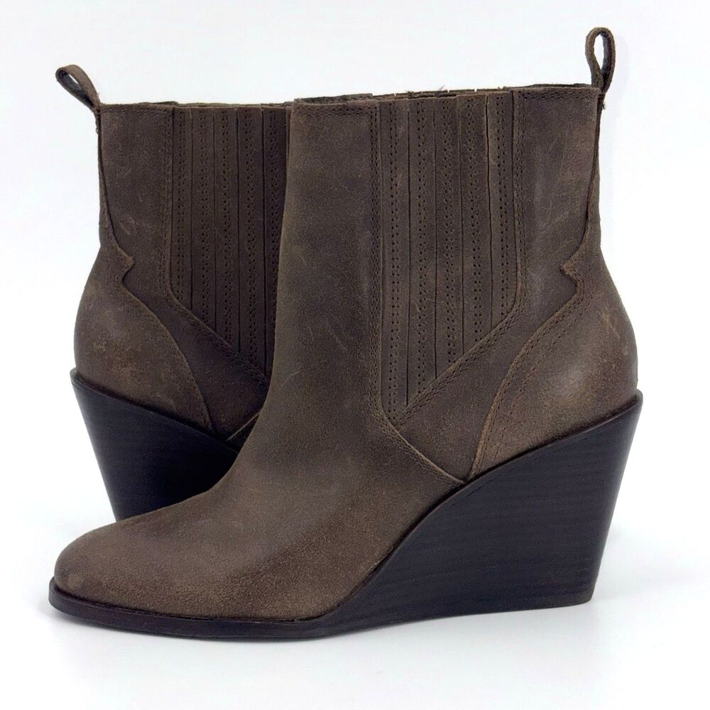 Lucky Brand Wilano Wedge Booties Boots Womens Size 10 Distressed Brown Leather